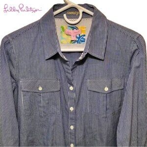 Lilly Pulitzer Navy Gingham Roll Sleeve Button Front Shirt, Contrast Trim, EUC